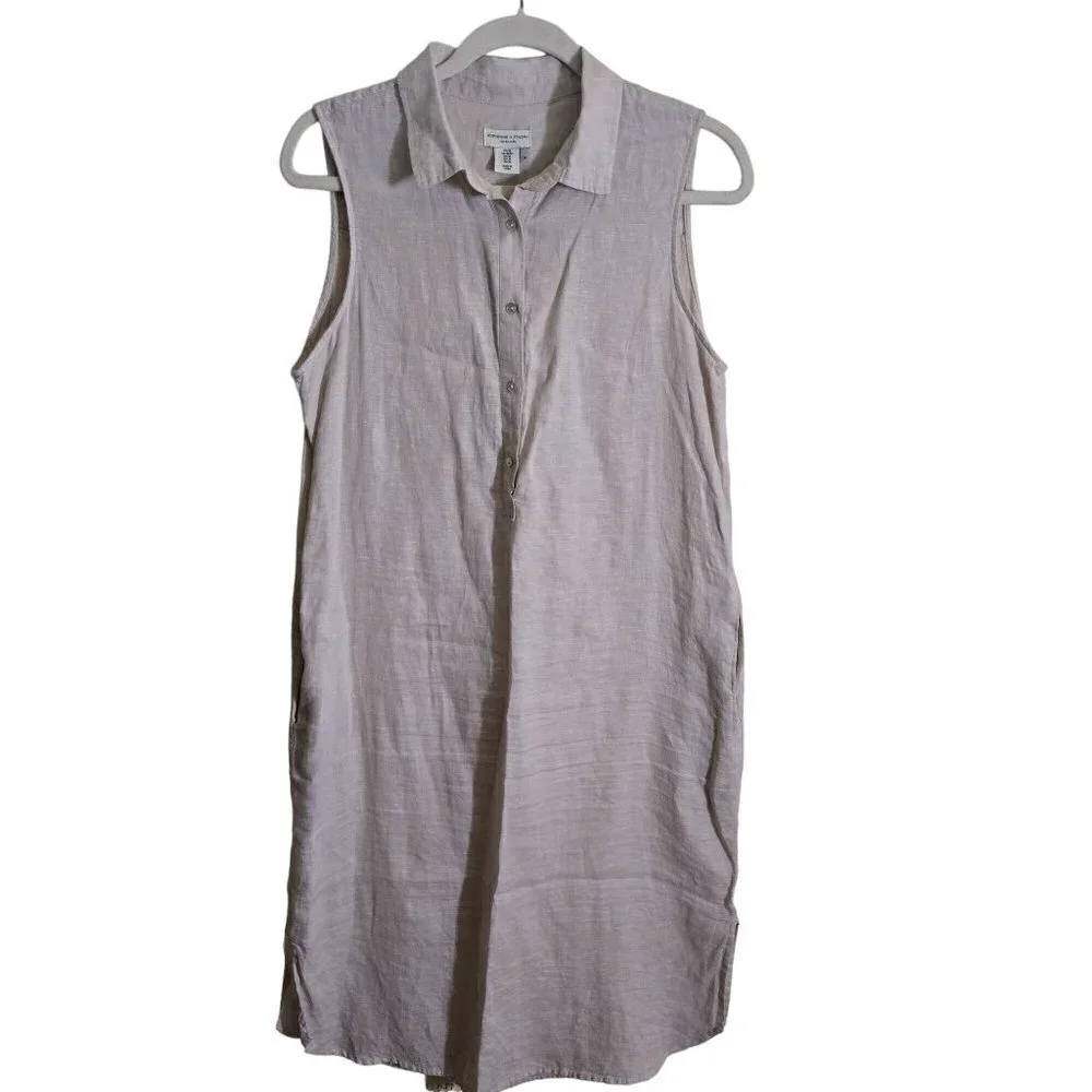 Adrienne Vittadini 100% Linen Beige Sleeveless Midi Shirt Dress Size M